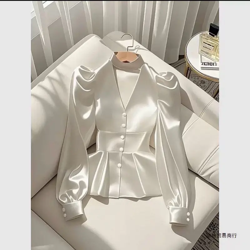 Women's Luxury Satin Peplum Button Blouse