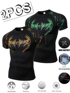 2 Pcs Men's Sporty Fitness T-Shirts, Dark Thorn Print, High Elasticity, Quick-Dry, Breathable, Slim Fit, Ideal for Gym Training