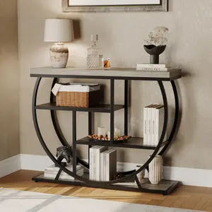 4-tier rustic console table, 99 cm (39 inch), narrow hall table with semi-circular metal frame, industrial rustic storage table for hallway.