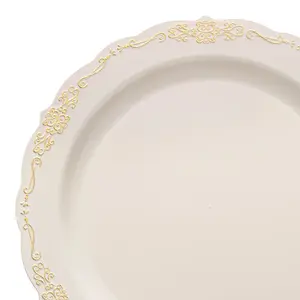 Ivory with Gold Vintage Rim Round Disposable Plastic Dinner Plates (10")