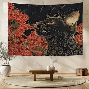 1 Pc Asian Ukiyo Art Japanese Cat Swallowing Clouds Wave Fabric Fun Tapestry Wall Hanging with Accessories, Home Dormitory Bedro