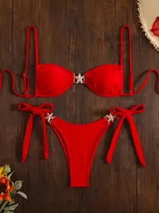 Women's Solid Bikini Set, Casual Fashion Chic Swimsuit Set for Beach Holiday Vacation, Ladies Swimwear for All Seasons