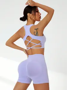 Two-Piece Set, Workout Sets Women, Gym Yoga Outfit, Women's Racer Back Crop Sports Bra & High Waist Shorts Tracksuit Set, Breathable Two-piece for Yoga Gym Workout Running