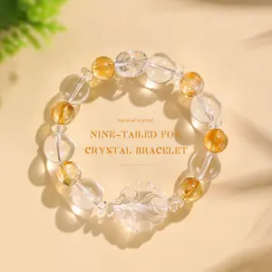 White Crystal Nine-Tailed Spirit Fox Beaded Bracelet, Natural Amethyst, Citrine, and Blue Chalcedony—Exquisite Brightening Jewelry Gift