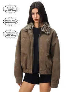 FDR Barn Jacket with Detachable Leopard Fur Collar for Men & Women | Heavyweight Zip Up Faux Suede Bomber Jacket Loose Fit Casual Minimalist Outerwear Oversized Brown Top #Summervibes