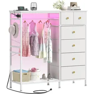 47.2" White Dresser with Hanging Rack, 2 in 1 Bedroom 6 Drawers Dresser with LED Lights & Charging Station, Wooden Dressers with Fabric Drawers and Clothing Rack for Girls, Kids