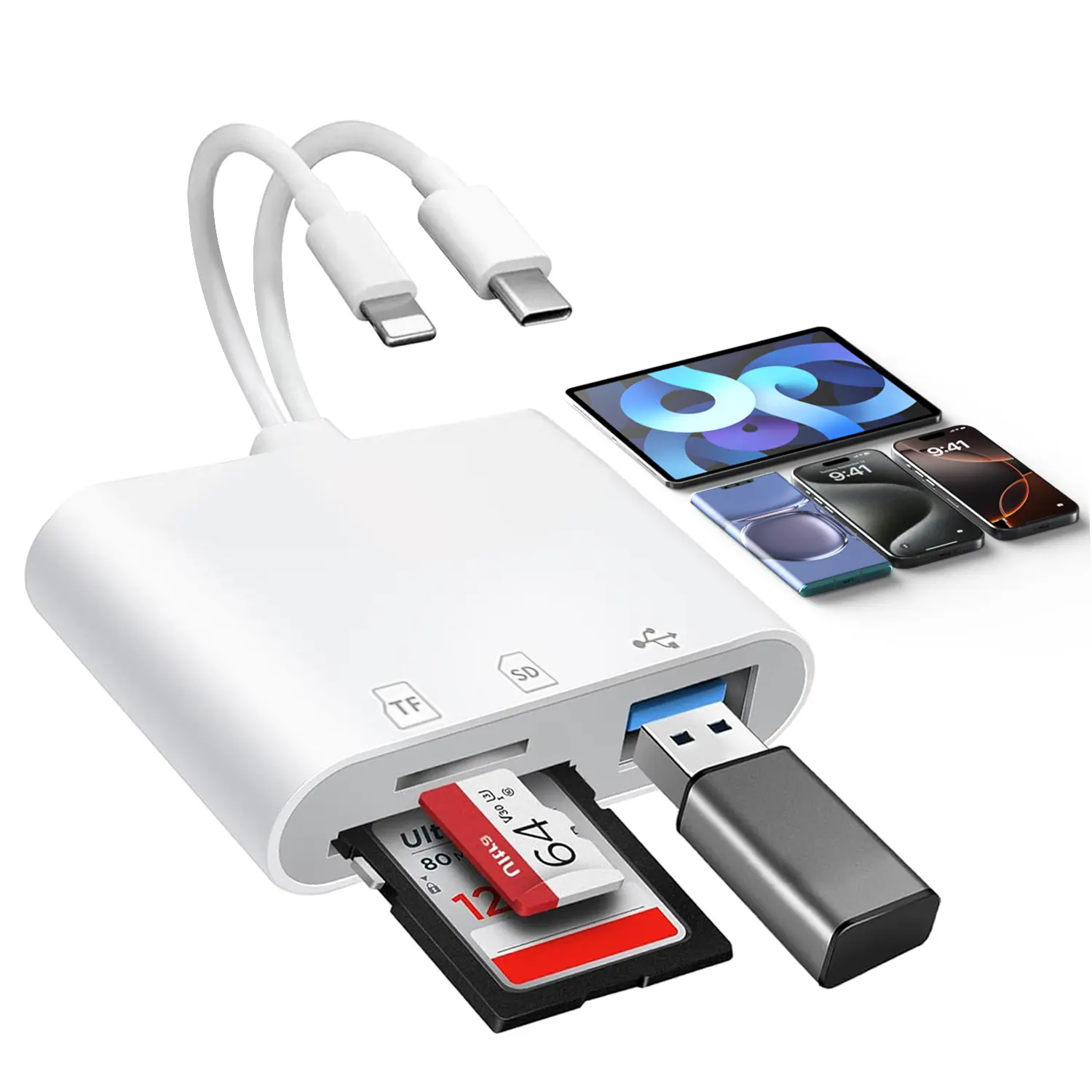 SPGUARD!SD Card Reader for iPhone/iPad, Dual Lightning and USB C Connector, Micro SD Memory Card Reader Adapter for SD,TF Card, USB Disk, for iPhone 17 16 15 14 13/iPhone 17 Air/iPhone 17 16 15 14 13Pro/iPhone 17 16 15 14 13 Pro Max/iPad/MacBook