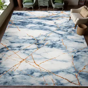 9x12 Large Machine Washable Rug, Vintage Marble Abstract Imitation Cashmere Print Non-Slip Carpet, Suitable For Living Room, Bedroom And Dining Room Low Pile Area Mat, Blue, Gold Gray, Silver Gray, Sizes 4x6, 5x7, 6x9, 8x10, 9x12 Feet