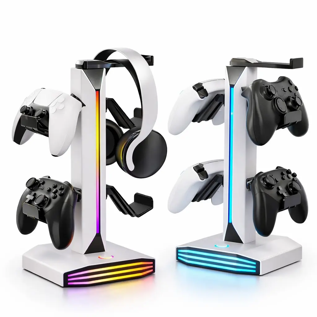RGB Headset and Controller Stand, Headphone Accessories with 9 Light Modes, Rotatable Headphone Holder, 2 USB Ports and Type-C Port, ABS Desktop Gaming Organizer, White
