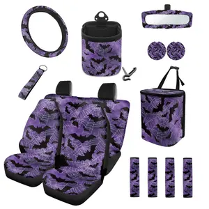 Car Seat Cover Set Cute Print Auto Accessories with Steering Wheel Cover, Skeleton&Bat Pattern Auto Seat Belt Pads, Cup Coasters, Trash Bag, Air Vent Storage Bag, Rearview Mirror Cover, and Keychain for Cars, SUVs, Trucks, and Vans