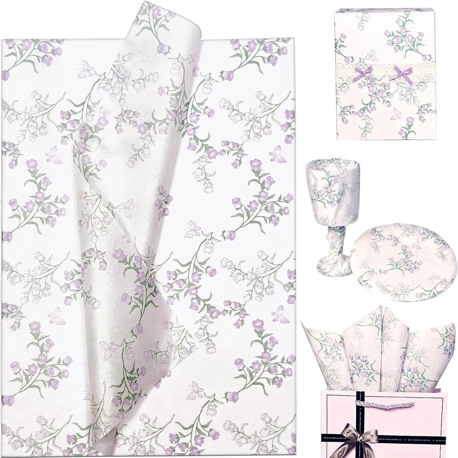 Floral Tissue Paper, Purple Bellflower  30 Sheets 20"x14", Elegant Flower  Wrapping Tissue Paper for  Bags, Packaging, Crafts, Party Decor, Floral Arrangements, Mother's Day, Wedding