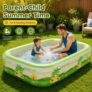3-Layer Large Inflatable Family Swimming Pool,Dinosaur pattern, Inflatable Rectangular Pool for Kids and Adults, Blow Up Swimming Tub , Sturdy Outdoor Summer Water Accessory, Portable Family Pool for Recreation Relaxation, for Backyard Beach and Garden