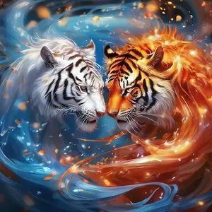 1pcs 5D DIY diamond painting set, 5D diamond art set, DIY decoration, Ice and Fire Twin Tigers diamond painting set full round drill DIY, mosaic, diamond art, DIY art home decoration, suitable for Halloween and Christmas.
