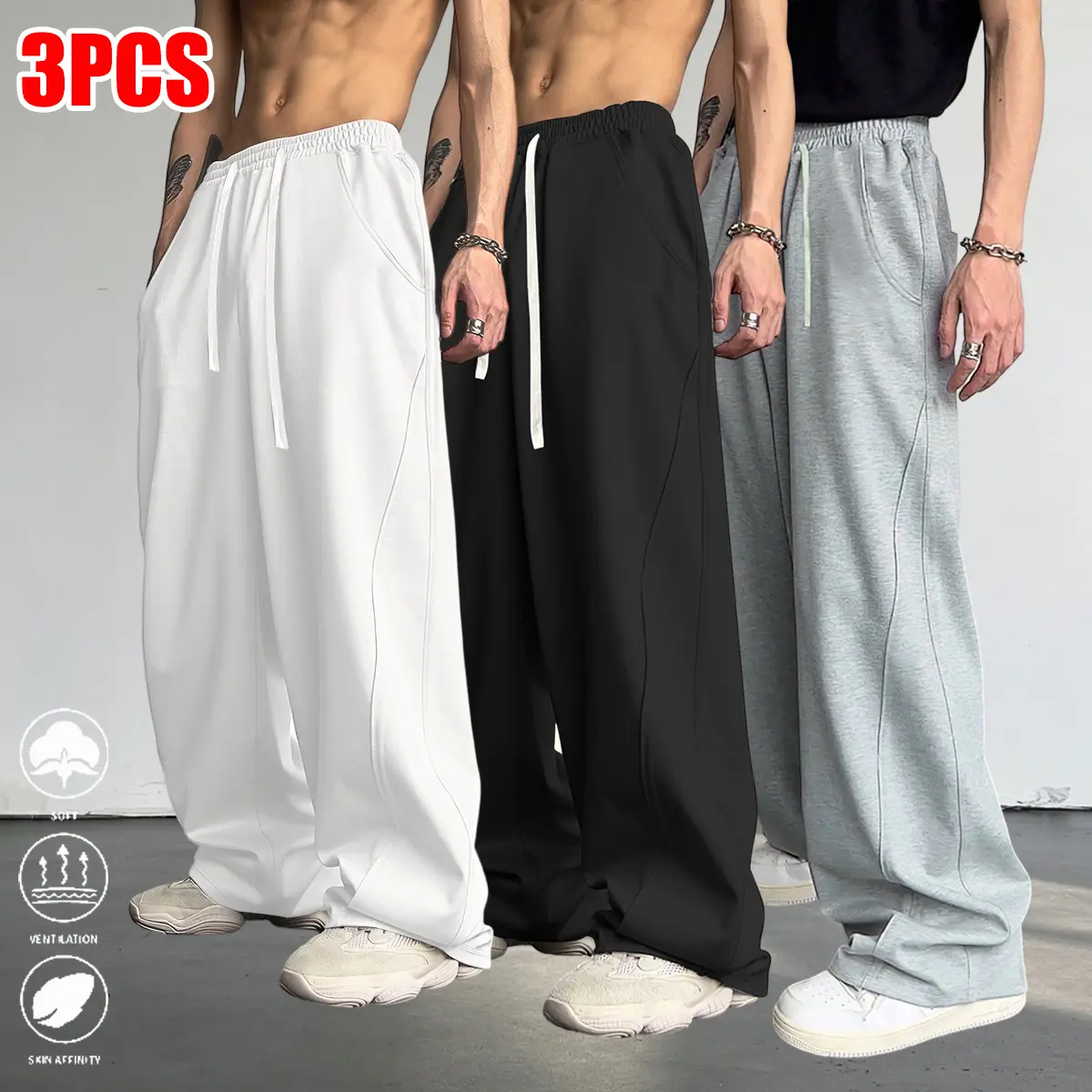 Men's Casual Pants 3-Pack - Menswear, Athletic Plain Baggy Wide-Leg Long Trousers, Elastic Waist, Breathable Smooth-Flowing Fabric, All-Season, Ideal for Vacations & Everyday Wear, Fitness, Loose, Polyester, Mid-Waist, Slit Pockets