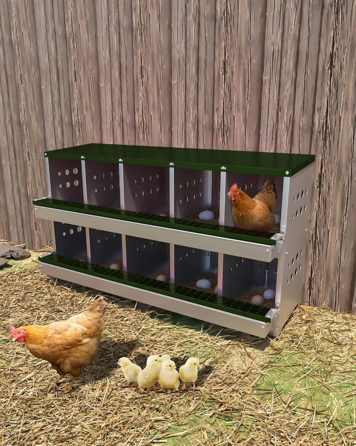 Chicken Nesting Boxes,10-Hole Corrosion-Resistant Metal Nesting Boxes with Egg Collection Tray,Poultry Laying Boxes for Chicken Coops and Hens,Green
