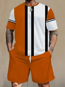 Men's 3D Digital Print Short Sleeve Shorts Set, Patchwork Design, Loose-Fitting Casual Wear, All Seasons Fashion Outfit
