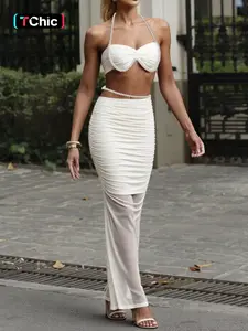 Women's Solid Slim Fit Skirt 2 Piecs Set Outfit, Pearl Decorated Sexy Crop Tank Top + Low Waist Bodycon Long Skirt, Street Casual Fashion Lady Clothing for Spring Summer New