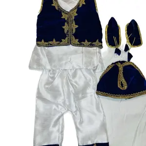 Nepali Traditional Pasni Set Hand Work Beautiful Suits with Navy Blue Velvet Jacket White Trousers and Matching Shoes