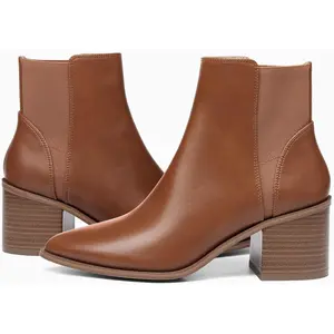 Coutgo Womens Pointed Toe Ankle Boots Elastic Chunky Block Stacked Mid Heel Slip On Chelsea Booties