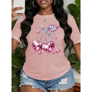 Women's Short-Sleeve Basic T-Shirt - Smooth Fabric, Pink Diamond Cherry Leaf Print, Light Luxury Jewelry Style, Round Neck, Loose Fit, Machine Washable, Soft, Breathable, Casual, Trendy, Suitable for Spring, Summer, Autumn,summervibes