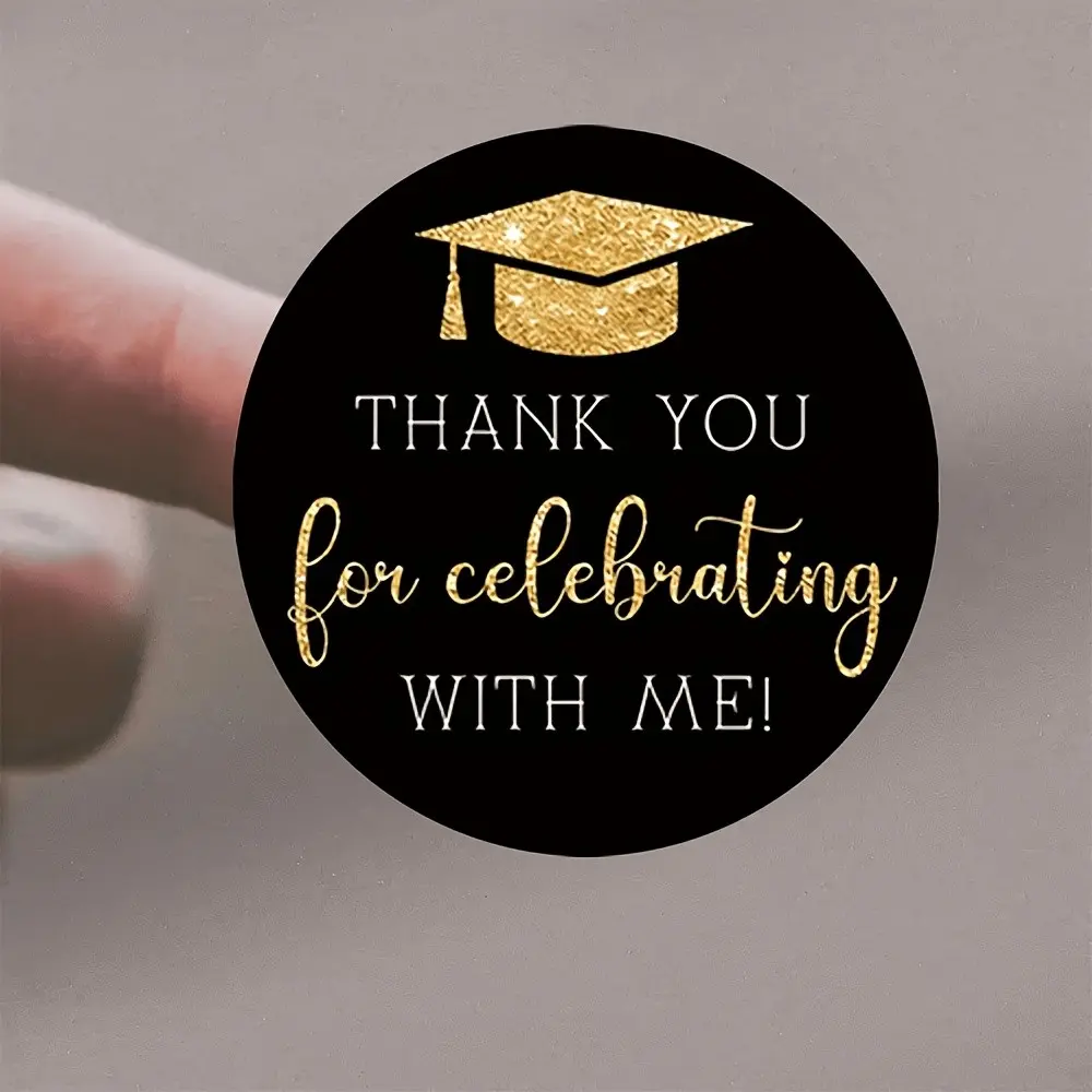 10sheet/set (120PCS) Black Round Stickers with Golden Graduation Caps and 'THANK YOU' Text, Gratitude-themed Circle Stickers. Suitable for Graduation Celebrations, Graduation Gifts, Ideal for Use as Gift Tags, Cards, Graduation Party Favors, Sticky Labels