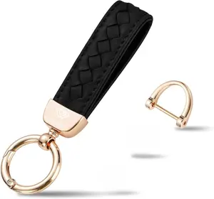 Genuine Leather Car Keychain, Handmade Knit Sheepskin Key chains for Women, Universal Key Fob Holder with 360 Degree Rotatable, Anti-Lost D-Ring, 2 Keyrings and 1 Screwdriver – Black