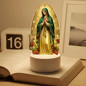 Guadalupe Virgin Night Light, USB Powered Acrylic LED Table Lamp, Decorative Light, Mother Floral Design, Perfect Gift for Church Office Bedside Decor, Home Decor Light