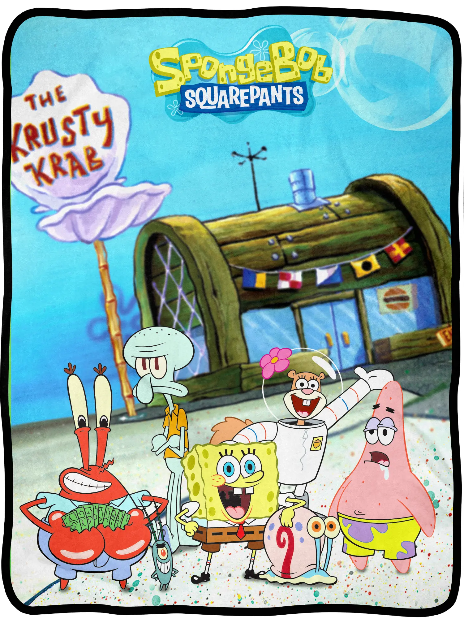 SpongeBob Design Throws - Cartoon Character Group at Krusty Krab, Fuzzy Soft Fleece, Multicolor, 1 Size 46"X60", for Couch/Bed, One Size, Classic Cartoon