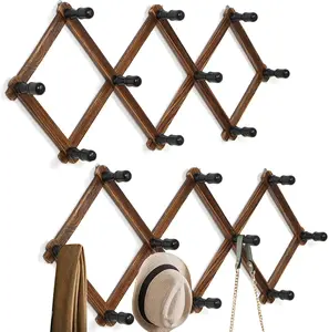 2 Pack Accordion Wall Hat Rack - Expandable Wall Mounted Coat Rack & Hat Holder, Wooden Wall Hanger with 10 Peg Hooks for Coats, Baseball Caps, Keys & Mugs