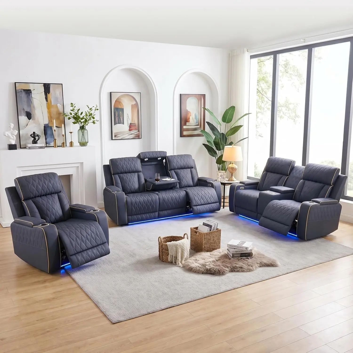Power Recliner Sofa Set with LED Lights,Suede Leather Reclining Couch with Coffee Table/Storage Console/Cup Holder,Reclining Living Room Set with 5 Recliner Seats for House(3 Piece Set)