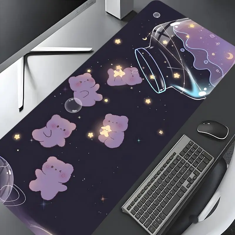 Cute Bear Starry Night Galaxy Design Large Gaming Computer Mouse Pad, Premium Multipurpose Mousepad, Stylish Desk Protector with Non-Slip Rubber, Multi-Size for Laptop & Desktop Use, Desk Accessories