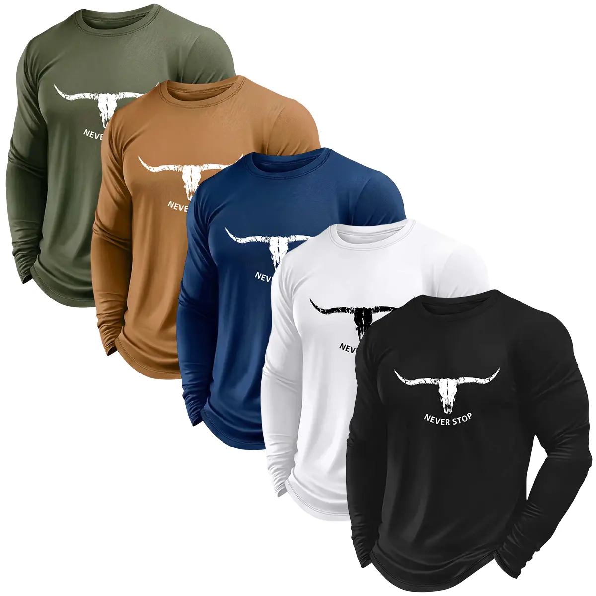 5PCS Men’s Fashion Casual Sports T‑Shirts — Pattern print details, solid color design; simple and comfortable; durable yet stylish; lightweight, soft crew neck long sleeves; skin‑friendly stretchy training shirts; stretch quick‑dry fitness tops