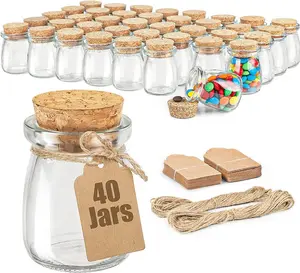 40-Pack Small Glass Favor Jars with Cork Lids, 3.4 oz Bottles for Wedding Favors, Baby Showers, Party Gifts, Includes Twine and Labels for Candy and Treats.
