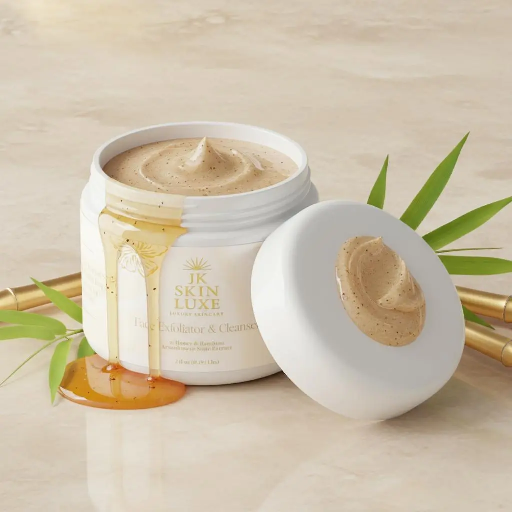 JK Skin Luxe Face Exfoliator & Moisturizer - Gentle Exfoliating Physical Scrub with Amber & Bamboo Powder, Vanilla Scent, Rejuvenating Honey, Jojoba Esters, Hydrating Formula, Moisturizes, Evens Out Tone & Texture, for Adults & All Types