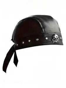 Studded Leather Skull Fitted Scarf Caribbean Pirate Theme Hat, Bold Stage Costume Party Accessory, Halloween Cosplay Final Item, Free Gift Included