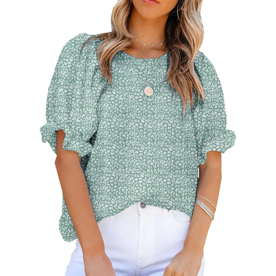 Women's Floral Printed Blouse, Elegant Loose Puff Sleeve Summer Top, Smocked Scoop Neck, Comfortable Lightweight Fabric, Shortsleeve, Ladies