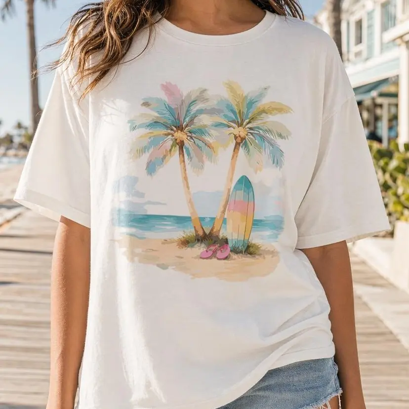 Tropical Palm Tree Graphic Tee Women Plus Size Surfboard Beach Vacation Shirt