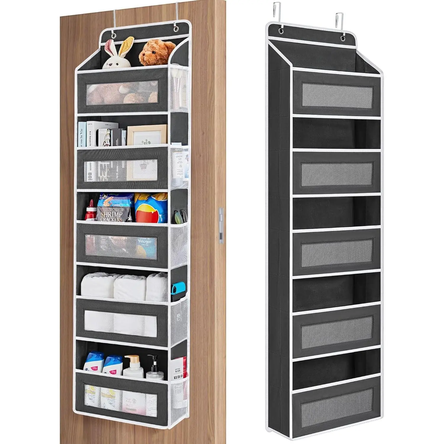 Heavy Duty 5 Tier Over-The-Door Organizer Grey 1 Pack, Anti-Tilt Hanging Storage with 5 Pockets Clear Windows 48lbs Capacity, Over Door Storage Organizer for Bathroom Kitchen Closet Small Space Organization,dorm essentials,home decor