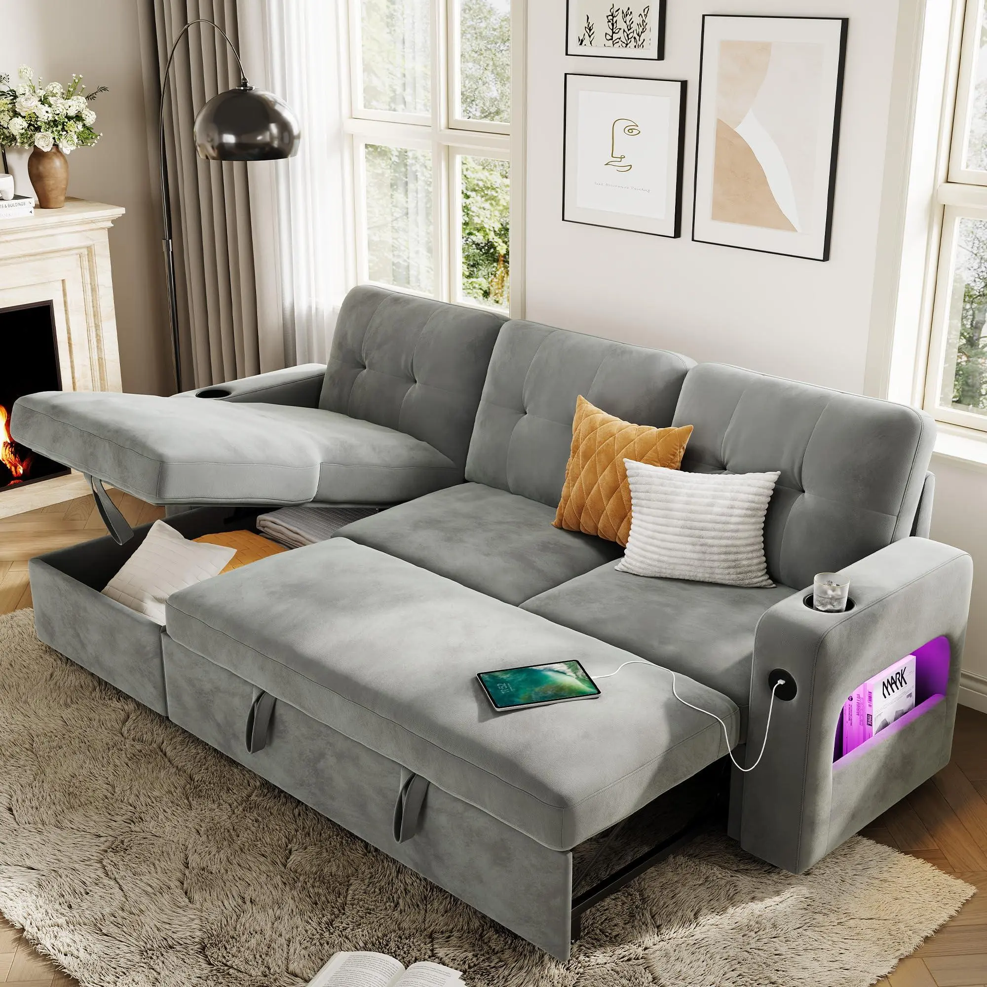 Velvet L-Shaped 2-in-1 Convertible Sectional Sleeper Sofa (84" x 52.5") - Reversible Left/Right Chaise, Pull-Out Bed, Storage, USB-Type-C Ports, LED Ambient Lighting, Assembly Required, for Living Room Overnight Guest Hosting, Ships in Multiple Boxes, Sof