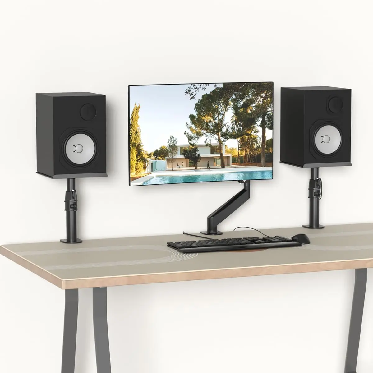 suptek Clamp-on Speaker Stand Desk Mount Set, Height Adjustment, Tilt, Swivel, 9.6 x 8.8 inch Trays, Universal Audio Holders for Computer and Bookshelf Speakers, Elevated Sound, 2 Pack, Black, SDM001B Adjustable Steel