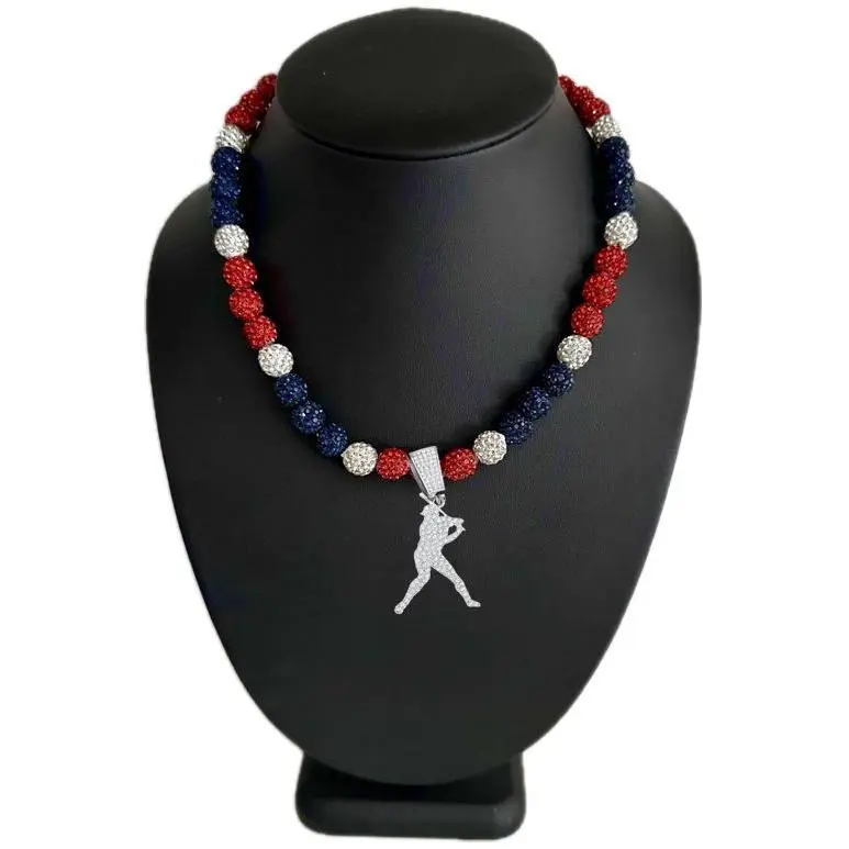 Iced Bling Disco Ball Rhinestone Crystal Bead Baseball Necklace Red, White, Navy  + Player Swing Pendant