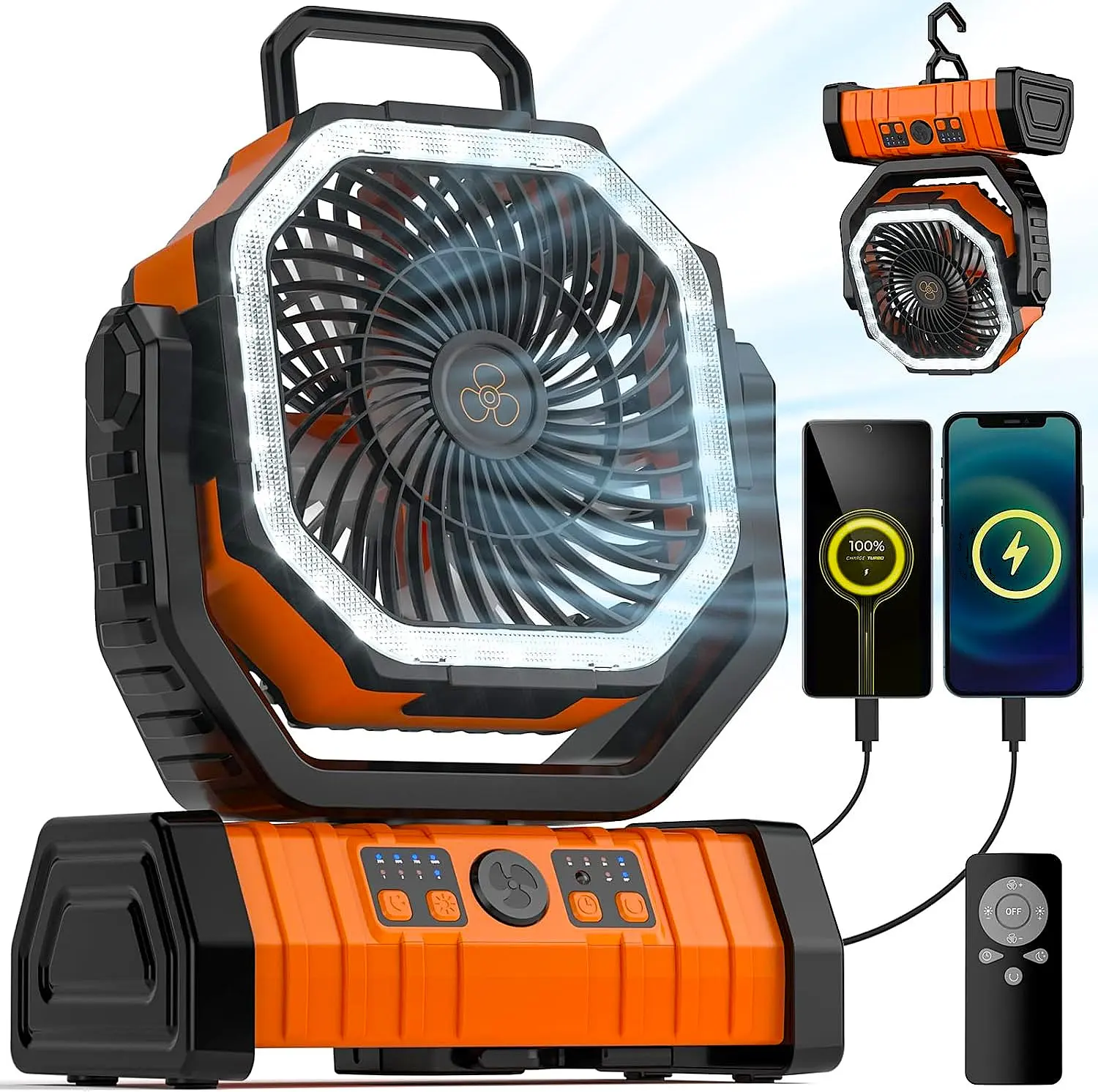 30000mAh Portable Camping Fan with LED Lantern & Remote, 2-in-1 Rechargeable Fan & Power Bank, 270° Auto-Oscillating Battery Powered Fan for Tent, RV, Golf Cart, Mowing, Soccer Mom, Hurricane Power Outage Emergency Gear, Father's Day Gifts