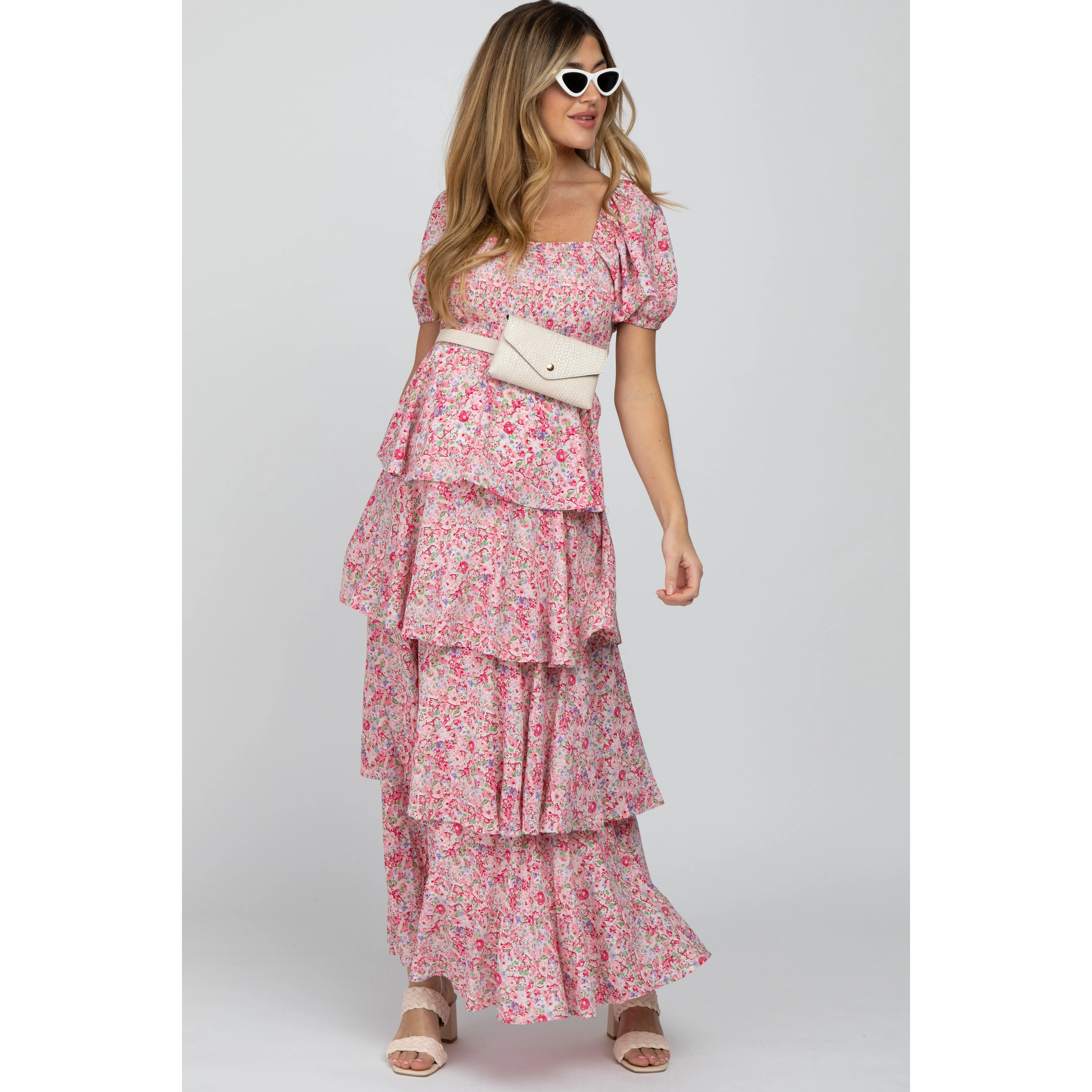 Pink Floral Square Neck Ruffle Layered Maternity Maxi Dress