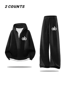 Autumn Winter New Fashion Womenswear, Half-Zip Hooded Fleece Long Sleeve Loose Sweatshirt Set, Waist Tie Straight Leg Casual Sporty Wide Leg Pants Two-Piece