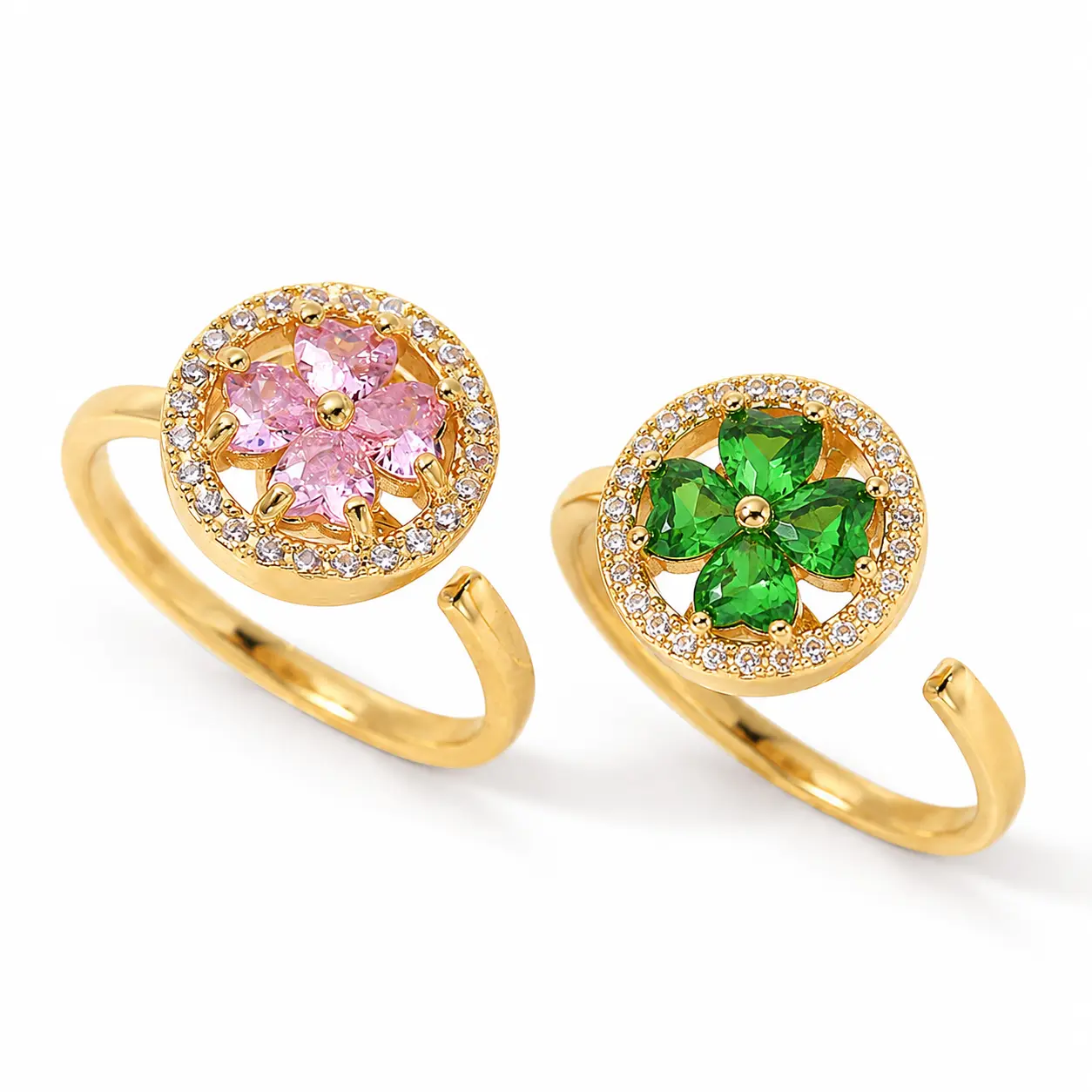 Women’s Adjustable Flower Spinner Ring, Gold-Tone Alloy Open Band with Pink or Green Crystal Petals, Rotating Fidget Ring, Fashion Jewelry Gift