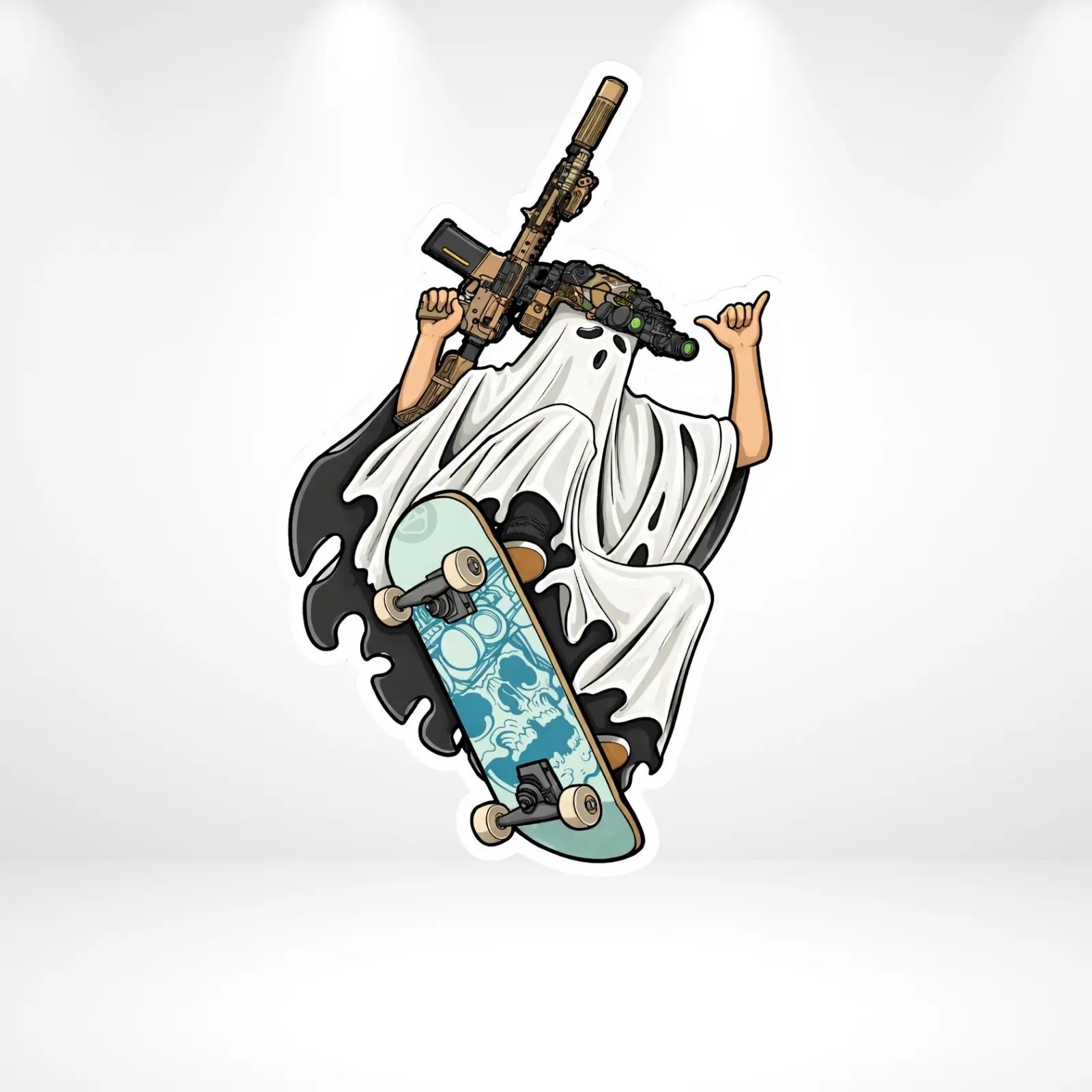 Ghost Skate Sticker, Tactical Gun Ghost Vinyl Decal, Street Aesthetic Skateboard Sticker, Laptop Car Sticker