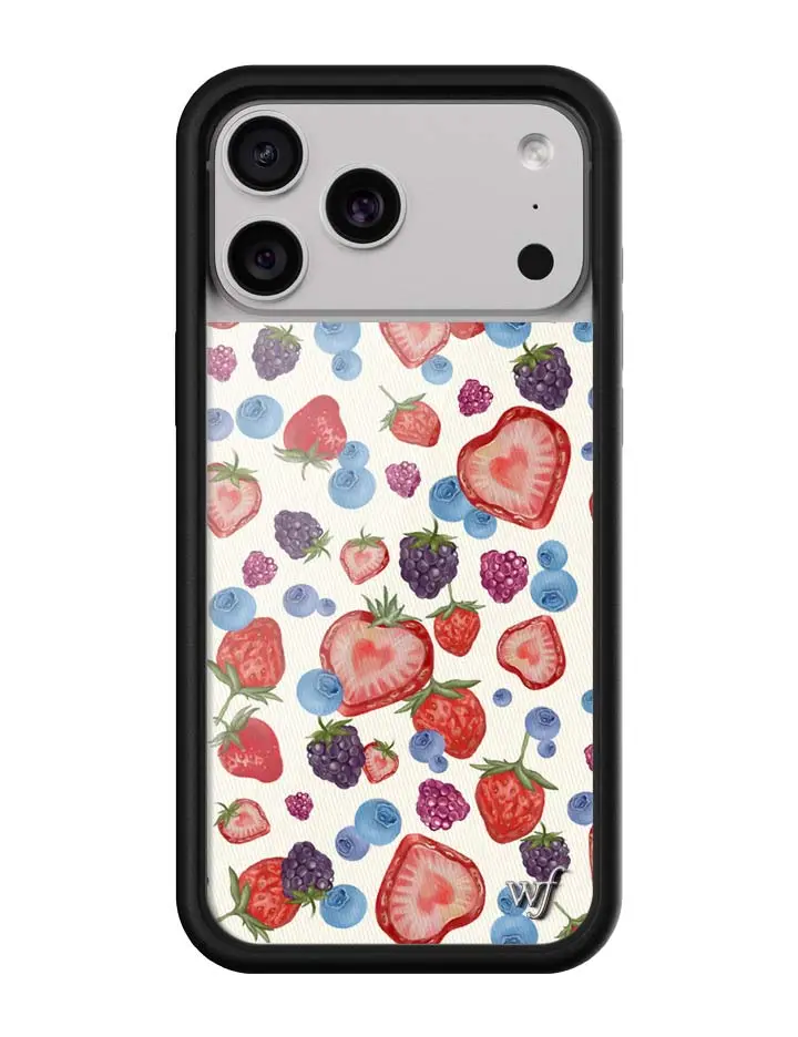 Fruit Tart | Limited Edition Trendy iPhone Case | Raised Protective Black Bumper | Women Owned Small Business | Egg Shell White Background Strawberries and Raspberries and Blackberries and Blueberries | Safety Casing Protective | Gift for Her