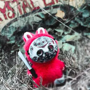 Horror Labubu Pin for love size Halloween costume mask with machete