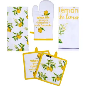 Pot Holders, Oven Mitt and Kitchen Towel Heat Resistant 5-Piece Cotton Kitchen Set Perfect for Cooking, Baking, and Grilling Gift Set (Citrus Splash)
