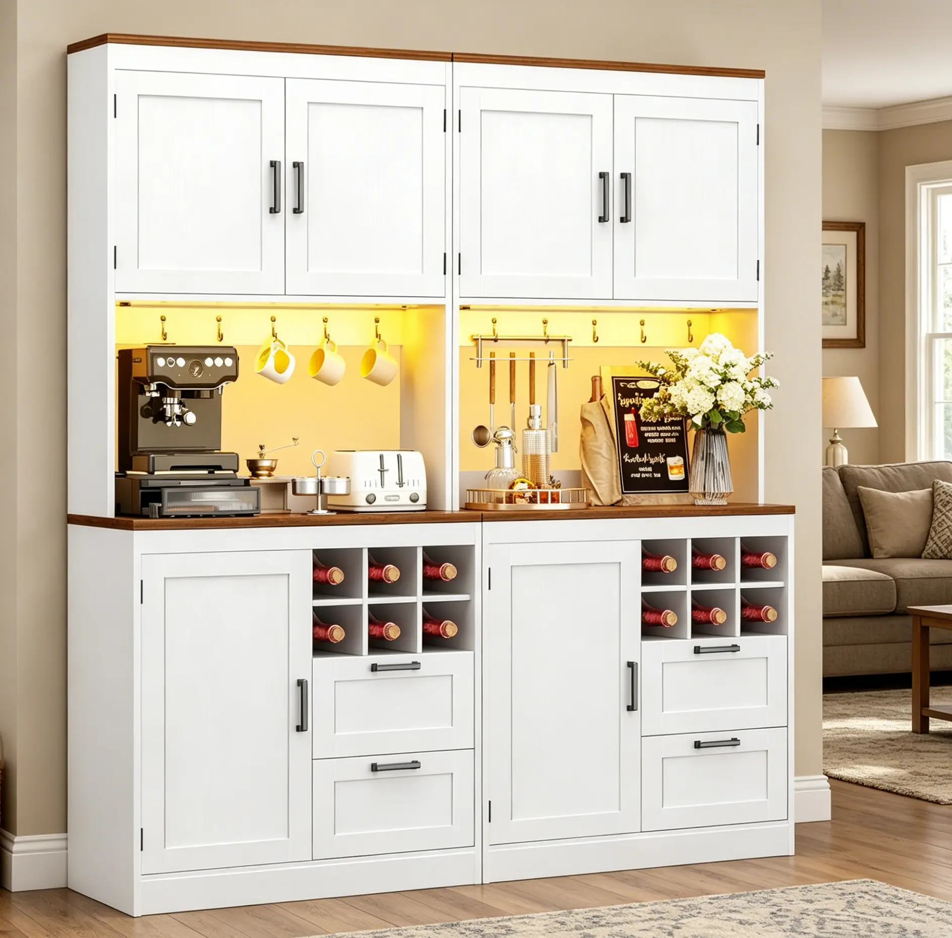 Homieasy 72" Tall Pantry Cabinet, Kitchen Pantry Storage Cabinet with LED Light & Outlet, Kitchen Cabinet with Microwave Stand, Wine Rack, Drawers, Shelves and Cupboard, Coffee Bar Cabinet for Dining Room